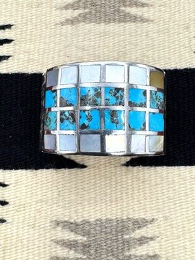 Navajo Native American Sterling Silver Turquoise Shell Inlay Cuff Bracelet 7 1/8